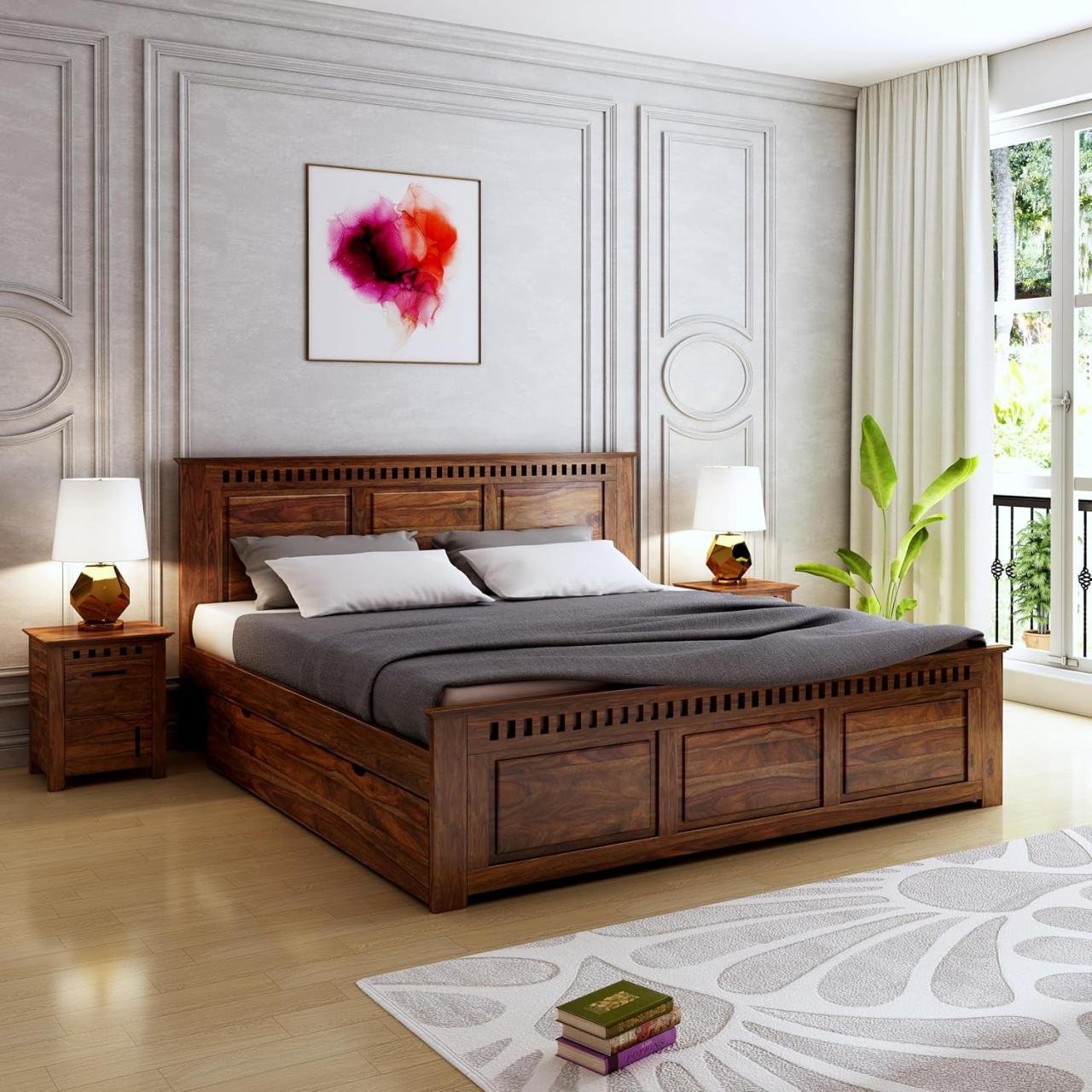 Lignum Arts Solid Sheesham Wood King Size Avlon Design Bed for Bedroom ...