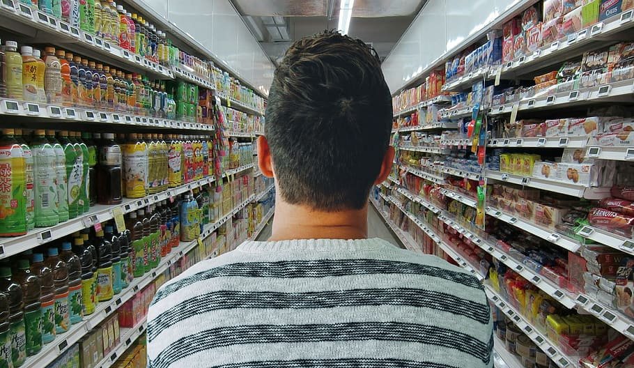 Photo illustration, man shopping, modern, grocery store, grocery, store ...